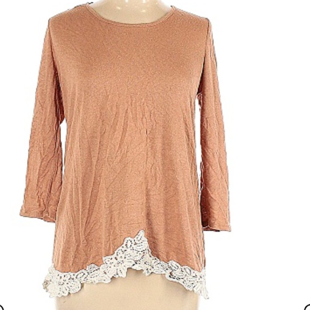 Charming Charlie Tan Crew Neck Sweater with Lace Trim